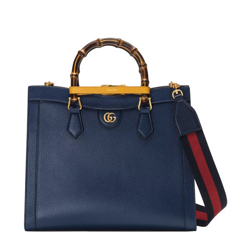 GUCCI/古驰 22春夏新款Diana系列 女士中号蓝色皮革竹节手柄橙黄色饰带金扣手提单肩托特包 678842U3ZDT4862