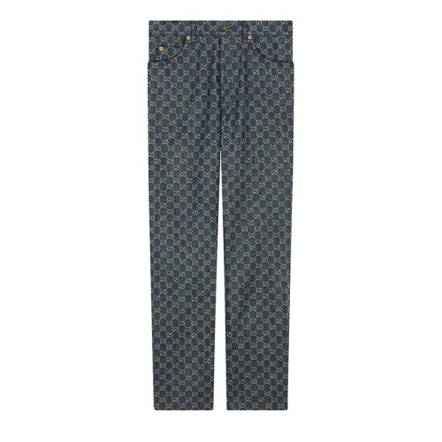 GUCCI/古驰 22年秋冬新款 男士深蓝色/象牙白色纯棉丹宁面料老花图案长裤649092XDBK14266