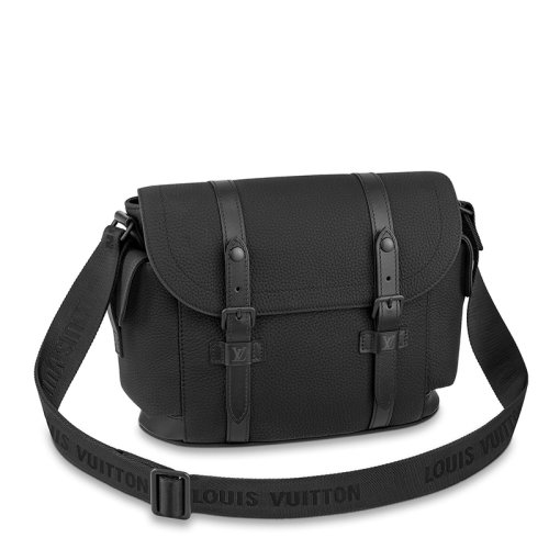 Louis Vuitton/路易威登 22春夏新款CHRISTOPHER系列 男士黑色纹理牛皮革黑扣弹簧扣配可拆卸肩带单肩斜跨邮差包M58476