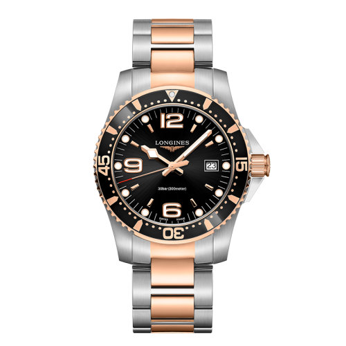 LONGINES/浪琴  康卡斯潜水系列 石英表黑盘精钢粉色PVD表壳表带男表41毫米L3.740.3.58.7