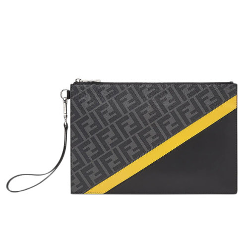 FENDI/芬迪   男士灰色老花图案拼黑色黄色皮革手拿包7N0110A9XSF0R2A
