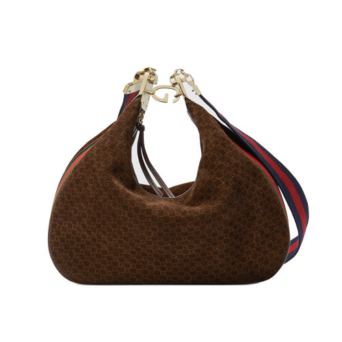 GUCCI/古驰 23春夏新款 Attache系列 女士大号深棕色绒面革金色饰面拆卸织带肩带G形钩拉链开合单肩包702823AABET2556