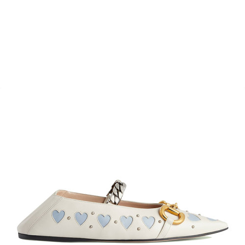 GUCCI/古驰 22年秋冬新款 Lovelight系列 女士白色皮革饰水晶和马衔扣芭蕾平底鞋?713868BKO609042