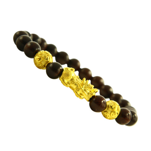 GJY/古金玥 神兽貔貅 3D硬金999足金小叶紫檀配貔貅黄金转运珠手链