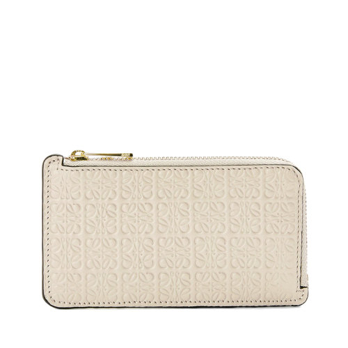 LOEWE/罗意威 Repeat系列 女士浅燕麦色徽标压花小牛皮拉链卡包零钱包00106423