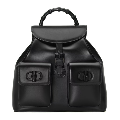 Gucci 古驰 22新款 女士黑色皮革竹子手柄竹扣口袋抽绳封口翻盖搭扣开合双肩包702096UZY0P1000