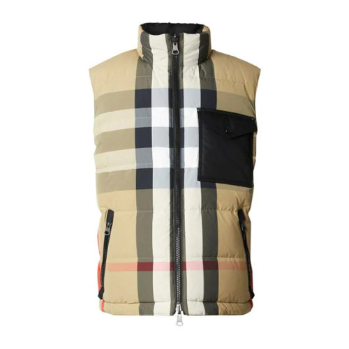 BURBERRY/博柏利 男士米色拼黑色聚酰胺格纹立领无帽马甲 8032997