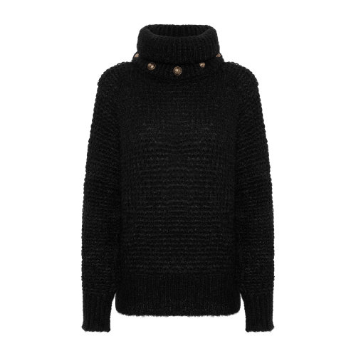 Balmain/巴尔曼 黑色 女士徽标金属扣饰可拆装高领马海毛毛衣 UF13236K111  早秋