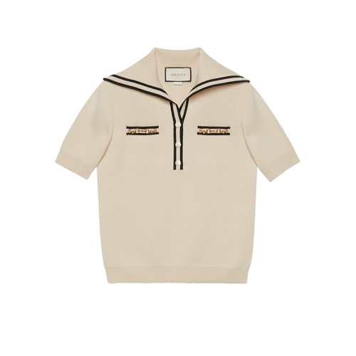 GUCCI/古驰 22秋冬新款 女士卡其色羊毛纺织双G提花POLO杉649844XKBNZ9087