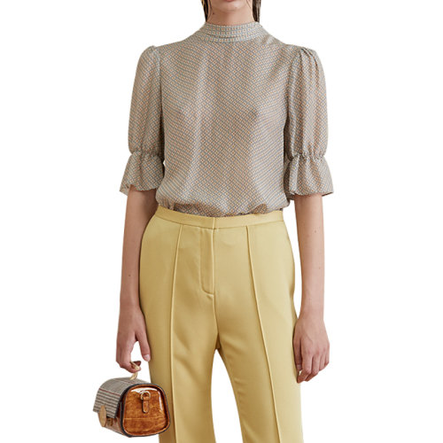 HUI/卉 女士短袖衬衫19夏季黄色碎花套头衫复古泡泡袖半高领上衣