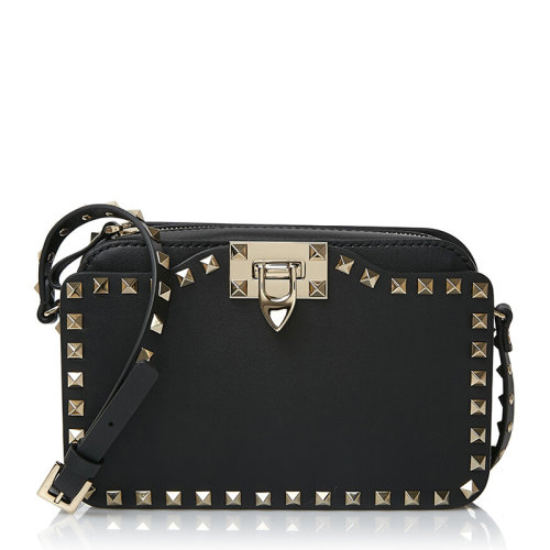 Valentino/华伦天奴 Rockstud系列小号女士黑色牛皮经典字母徽标印花铆钉装饰拉链开合单肩包斜挎包女包 RW2B0148-BOL-0NO