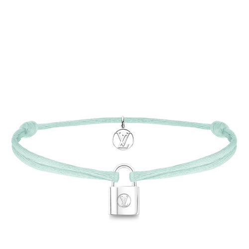 Louis Vuitton/路易威登 Silver Lockit系列 经典款青瓷绿有机棉可回收银LV雕刻挂锁手链Q05170