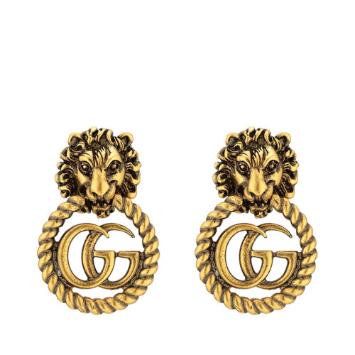 GUCCI/古驰 Double G系列 金色金属狮子头双G带梭芯花边耳环605857I46000933