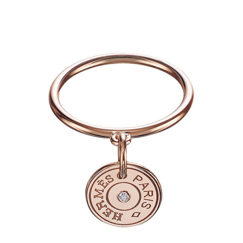 HERMES/爱马仕 经典Gambade系列 18K金玫瑰金镶钻“Clou de Selle”图案圆形挂坠戒指指环H216631B