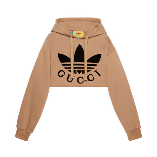  GUCCI/古驰 22年秋冬新款 adidas联名系列 女士米色纯棉重磅毛毡面料正面Logo短款连帽衫卫衣?688196XJEDA2184