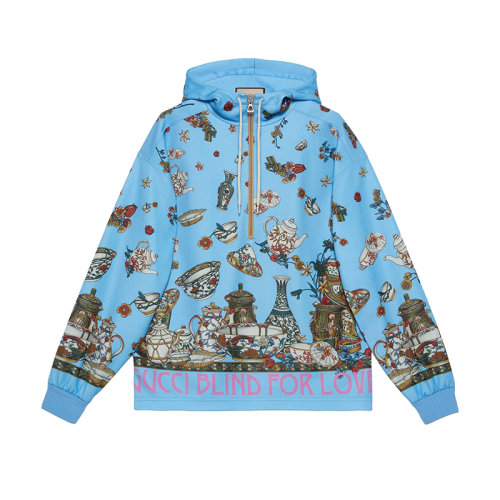 GUCCI/古驰 22年秋冬新款 Lovelight系列 男士蓝色棉质混纺茶具印花兜帽卫衣706907XJERU4020