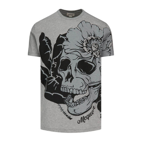 Alexander McQueen/亚历山大麦昆 灰色棉质骷髅头印花 男士短袖T恤