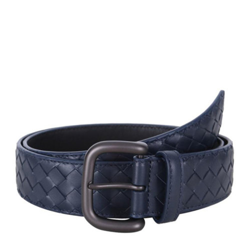 Bottega Veneta/葆蝶家 BV 男士藏蓝色牛皮编织针扣式商务休闲皮带腰带 173784-V4650-4013