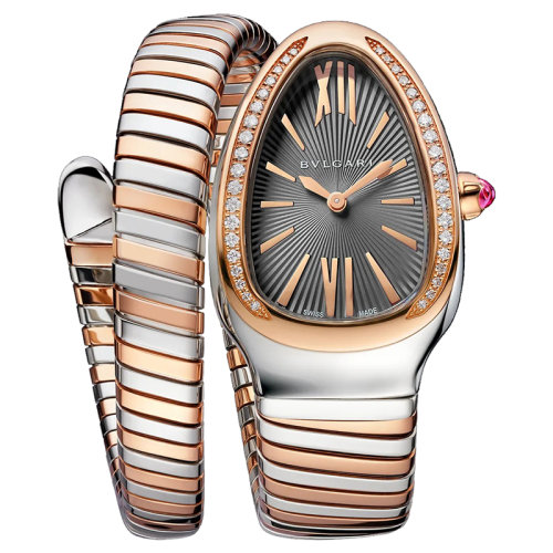 BVLGARI/宝格丽 不锈钢表壳 18K金玫瑰金表圈和精钢单螺旋表链 镶嵌明亮式切割钻石 灰色上漆表盘 SERPENTI TUBOGAS石英手表 35毫米102681