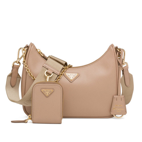 PRADA/普拉达  Re-Edition?2005系列女士豆沙米色Saffiano 皮革饰边单肩斜挎手提包1BH204_NZV_F0MUH_V_V2M
