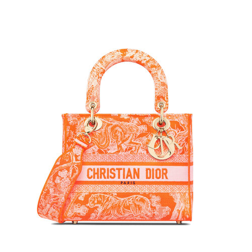 DIOR/迪奥 22新款LADY D-Lite系列 女士中号荧光橙织物茹伊印花刺绣手袋M0565OROC_M057