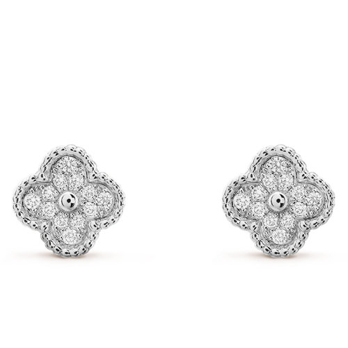 Van Cleef & Arpels/梵克雅宝 经典SweetAlhambra系列 18K金白金镶嵌钻石幸运四叶草经典耳钉VCARO85500
