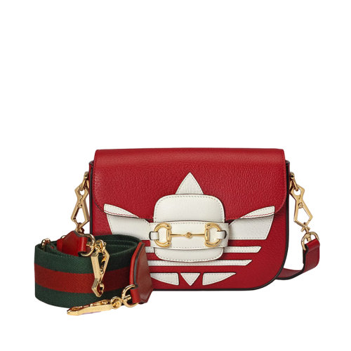 GUCCI/古驰 22新款Horsebit 1955阿迪达斯联名系列 女士迷你款红色皮革三叶草印花翻盖马衔扣细节单肩斜挎包?658574U3ZDG6563