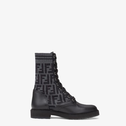  FENDI芬迪 22年春夏 女士 短靴 弹力布料黑色皮革机车靴 8T6780A8C7F1D0I