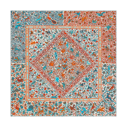 HERMES/爱马仕 140丝绸花园 女士橙色/钴/白色羊绒真丝披肩H243534S12