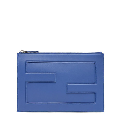 FENDI/芬迪 20  BAGUETTE系列 男士大号蓝色小牛皮压花FF图案拉链手拿包7N0113AG0OF0U9B