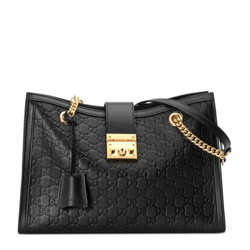 GUCCI/古驰   Padlock系列 女士黑色牛皮时尚双G压花链条单肩包斜挎包