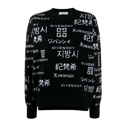 Givenchy/纪梵希 女士黑色羊毛混纺羊绒经典字母徽标嵌花装饰圆领长袖上衣毛衣针织衫套头衫 BW90894Z5Z-004
