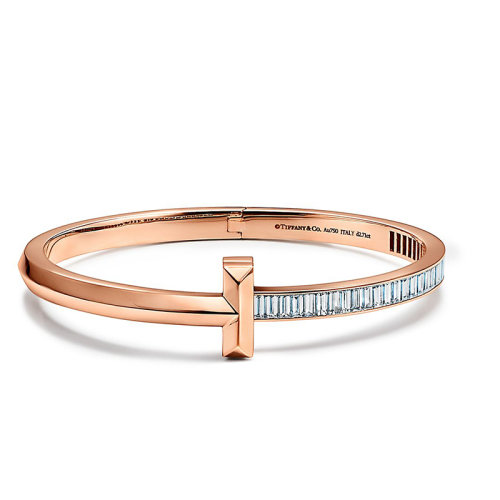 Tiffany & Co./蒂芙尼  T1系列 18K金玫瑰金长方形切割钻石铰链手镯 GRP11686