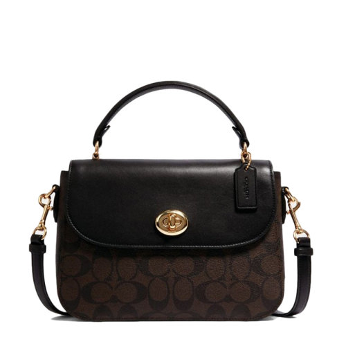 COACH/蔻驰 MARLIE系列女士棕黑拼色PVC配皮经典双C字母徽标印花旋扣开合手提包斜挎包单肩包邮差包女包 C1765IMAA8