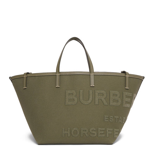 BURBERRY/博柏利 Beach Tote – 迷你 Horseferry 印花棉麻混纺帆布沙滩托特包 亚麻,棉/配皮 80418011