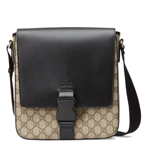 GUCCI/古驰 男士米色拼黑色人造革经典双G logo单肩包斜挎包