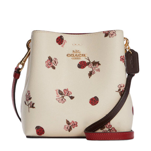 COACH/蔻驰 女士金色粉笔白色多色拼色涂层帆布配皮经典字母徽标瓢虫花卉印花按扣开合迷你单肩包斜挎包水桶包女包 C7268IMCAH