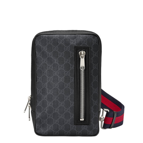 GUCCI/古驰 新款经典款 男士黑色灰色GG涂层帆布蓝红条纹包带拉链斜挎包腰包478325K9RRN1095