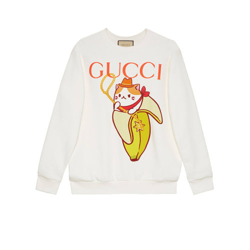GUCCI/古驰 22秋冬新款 女士白色纯棉Gucci和Bananya印花图标无帽卫衣617964XJEGP9095
