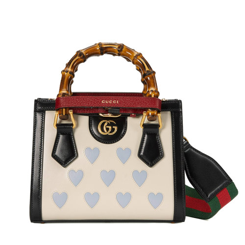 GUCCI/古驰 22新款Diana系列 女士迷你白色皮革饰Lovelight主题蓝色爱心单肩手提斜跨竹节托特包702732AAA3Y9045