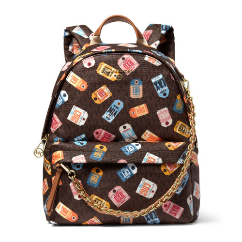 Michael Kors/迈克·科尔斯 Slater系列女士橡子棕色涂层帆布行李牌图案印花双肩包手提包背包女包 30T0G04B1O-BROWNMULTI