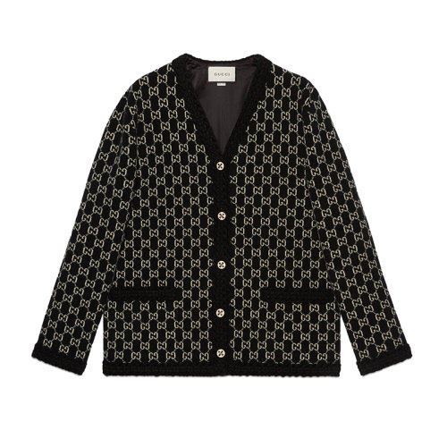 GUCCI/古驰新款女士黑色V领羊毛GG提花毛毡针织开衫644570XKBN11080