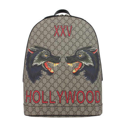 GUCCI 古驰 男士狼头图案卡其色PVC拉链时尚双肩包卡其色