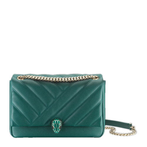 BVLGARI/宝格丽 Forest Emerald系列女士绿色粒面小牛皮经典蛇首扣饰凸圆形单肩包斜挎包女包 290649