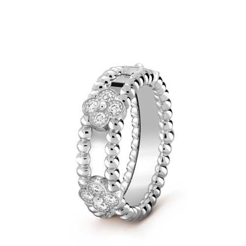 Van Cleef & Arpels/梵克雅宝 Perlée sweet trèfles系列 18K金白金镶嵌钻石四叶草戒指指环VCARP6MN00