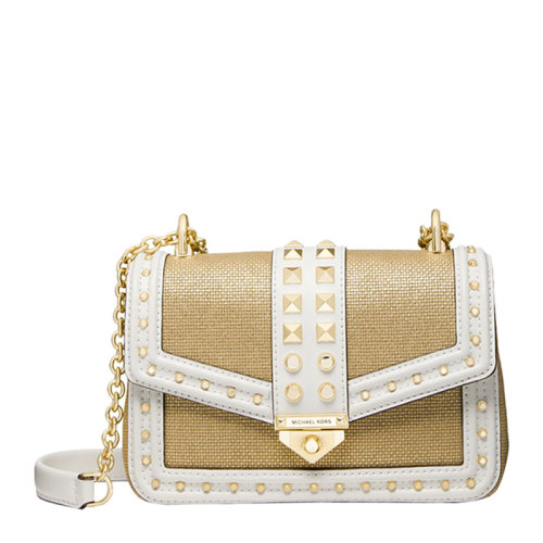 Michael Kors/迈克·科尔斯 女士白金拼色帆布配皮金属倒三角字母徽标铆钉装饰单肩包斜挎包女包 30T1G1SL5K-OPTPLGOLD