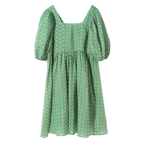 GeleiStory/GeleiStory 高支苎麻连衣裙女神清新泡泡袖方领中长裙宽松裙女装＞女士裙装＞女士连衣裙