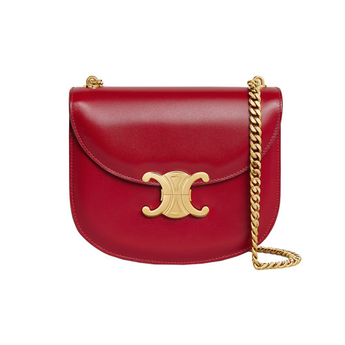 CELINE/赛琳 22新款 TRIOMPHE系列 女士红色缎面小牛皮金属三角扣金色链条斜挎单肩包110973BF4.27VD
