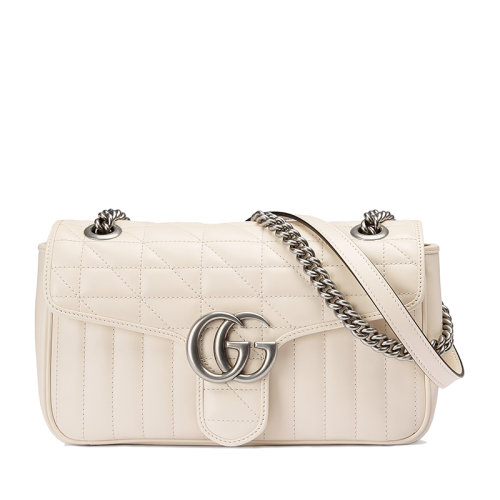 GUCCI/古驰  GG Marmont系列 女士小号白色绗缝皮革复古银饰双G翻盖斜挎单肩包?443497UM8AN9022