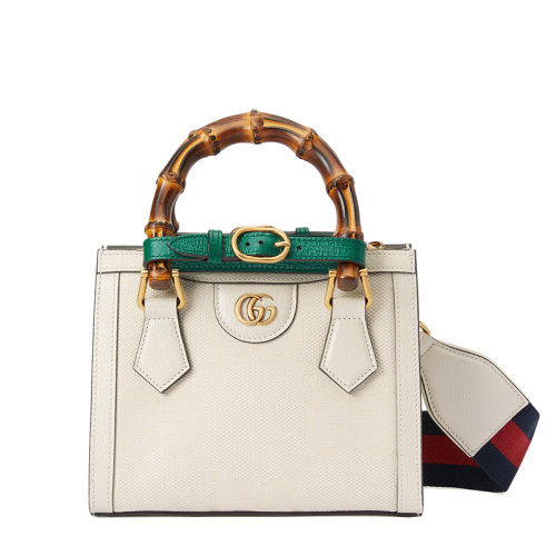 GUCCI/古驰 22春夏新款Diana系列 女士迷你白色皮革竹节绿饰带金扣红蓝肩带手提单肩托特包?702732UKMNT9294